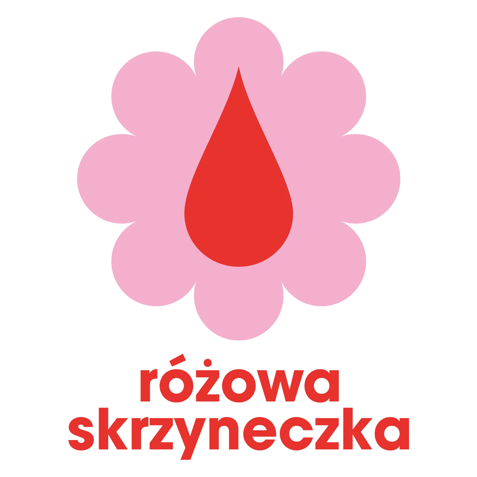 Logo Fundacji Różowa Skrzyneczka, różowy kwiat z czerwoną kroplą pośrodku i napisem różowa skrzyneczka